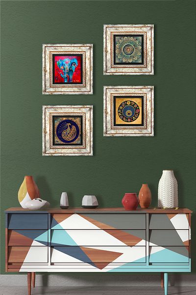 Pinecone Mandala, Elephant, Peacock, Evil Eye Stone Wall Painting Framed Wall Decor 4 Piece Painting Set TK4-340