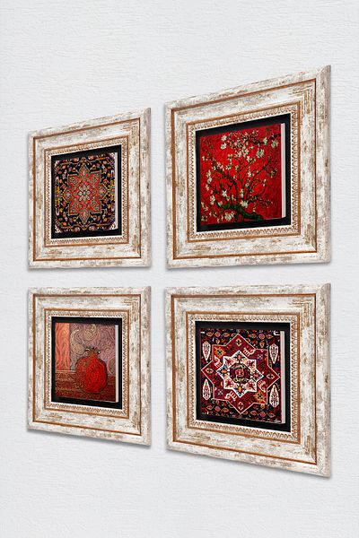 Pinecone Pomegranate, Pattern, Almond Tree Stone Wall Painting Framed Wall Decor 4 Piece Painting Set
