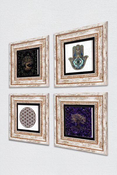 Pinecone Flower of Life, Tree of Life, Fatma Ana Eli (Hamsa) Stone Wall Painting Framed Wall Decor 4-Piece Table