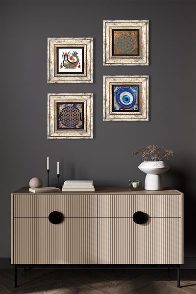 Pinecone Evil Eye, Flower of Life, Shahmeran Stone Wall Painting Framed Wall Decor 4 Piece Painting Set Tk4-1588