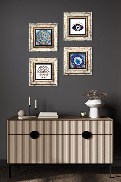 Pinecone Evil Eye, Mandala, Flower of Life Stone Wall Painting Framed Wall Decor 4 Piece Painting Set Tk4-1618