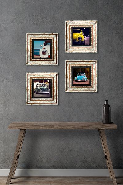 Pinecone Vosvos Car Stone Wall Painting Framed Wall Decor 4 Piece Painting Set Wall Art