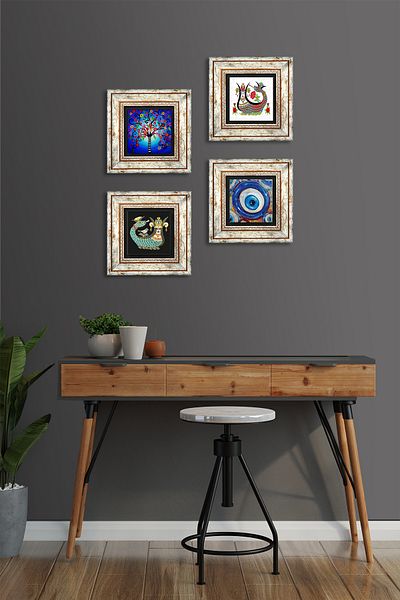 Pinecone Evil Eye, Tree of Life, Shahmeran Stone Wall Painting Framed Wall Decor 4 Piece Painting Set Tk4-1503