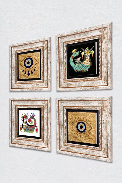 Pinecone Evil Eye, Shahmeran Stone Wall Painting Framed Wall Decor 4 Piece Painting Set Wall Art Tk4-1495