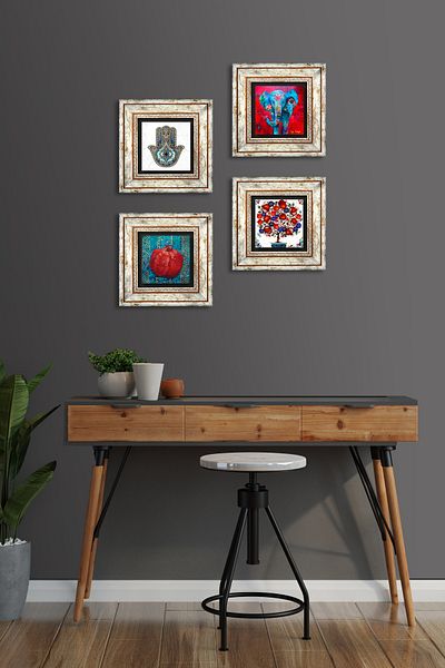 Pinecone Elephant, Pomegranate Tree, Pomegranate, Fatma Mother Hand (Hamsa) Stone Wall Painting Framed Wall Decor Set of 4 Wall Art