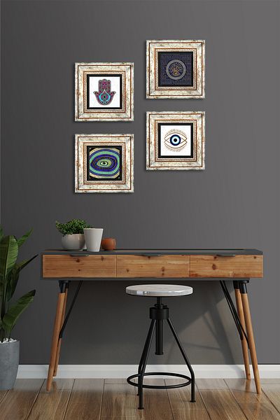 Pinecone Evil Eye, Fatma Mother Hand (Hamsa) Stone Wall Painting Framed Wall Decor 4 Piece Painting Set Tk4-1455