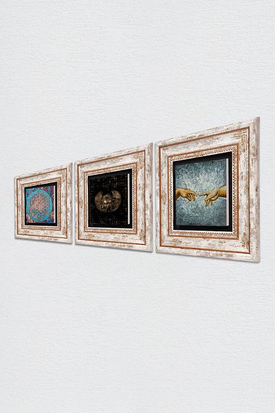 Pinecone Michelangelo, Eye of Horus, Flower of Life Stone Wall Painting Framed Wall Decor Set of 3 Wall Art