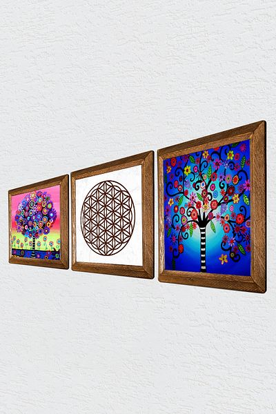 Pinecone Flower of Life, Tree of Life Stone Wall Painting Wood Framed Wall Decor 3 Piece Painting Set W3-340