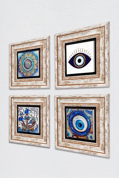Pinecone Evil Eye, Mandala, Tile Art Sailing Ship Stone Wall Painting Framed Wall Decor Set of 4 Wall Art