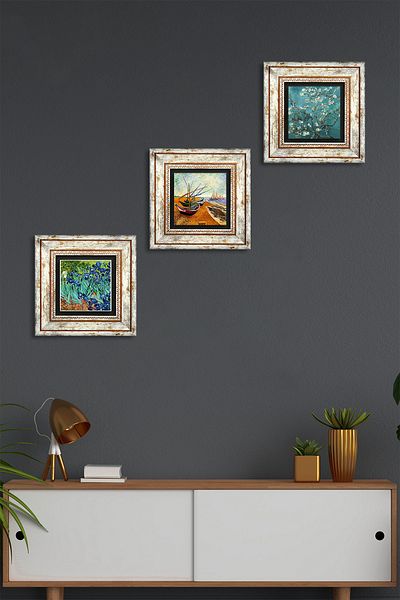 Pinecone Van Gogh Fishing Boats, Irises, Almond Tree Stone Wall Painting Framed Wall Decor Set of 3 Painting