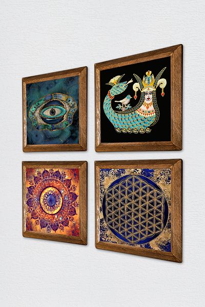 Pinecone Mandala, Evil Eye, Flower of Life, Shahmeran Stone Wall Painting with Wooden Frame Wall Decor Painting W4-786