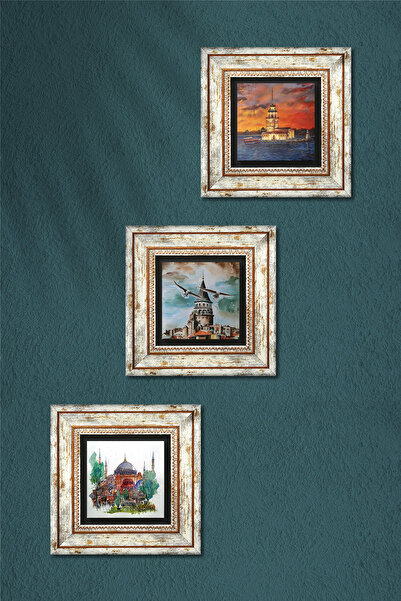 Pinecone Istanbul Hagia Sophia, Galata Tower, Maiden's Tower Stone Wall Painting Framed Wall Decor Set of 3 Paintings