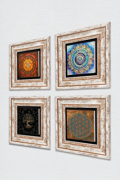 Pinecone Flower of Life, Mandala, Sri Yantra, Tree of Life Stone Wall Painting Framed Wall Decor 4 Piece Painting
