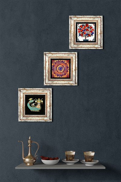 Pinecone Mandala, Shahmeran, Pomegranate Tree Stone Wall Painting Framed Wall Decor 3 Piece Painting Set Wall Art