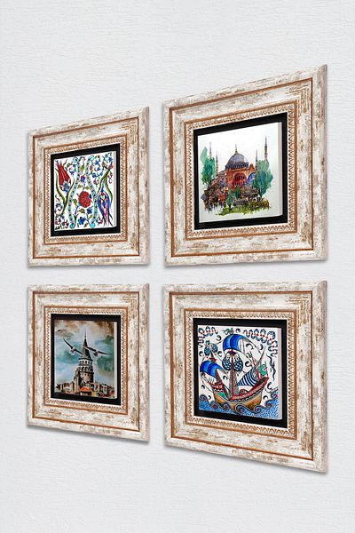 Pinecone Tile Art Sailing Ship, Tulip, Istanbul Hagia Sophia, Galata Tower Stone Painting Framed Wall Decor