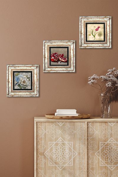 Pinecone Tulip Marbling Art, Butterfly Flower, Pomegranate Stone Wall Painting Framed Wall Decor 3 Piece Set Tk3-1157