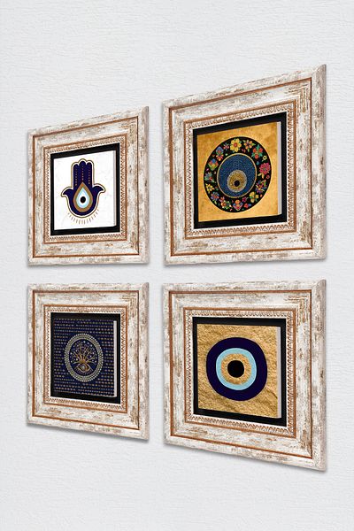 Pinecone Fatma Mother Hand (Hamsa), Nazar Stone Wall Painting Framed Wall Decor 4 Piece Painting Set Tk4-1833