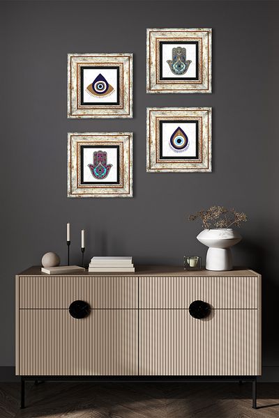 Pinecone Evil Eye, Fatma Mother Hand (Hamsa) Stone Wall Painting Framed Wall Decor 4 Piece Painting Set Tk4-1466