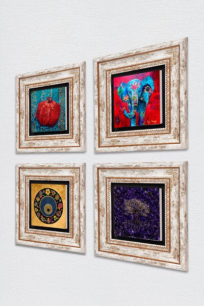 Pinecone Tree of Life, Elephant, Evil Eye, Pomegranate Stone Wall Painting Framed Wall Decor 4 Piece Painting Set Tk4-1269