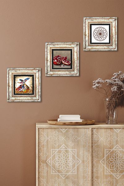 Pinecone Flower of Life, Whirling Dervish, Pomegranate Stone Wall Painting Framed Wall Decor 3 Piece Painting Set Tk3-873