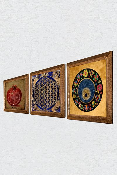 Pinecone Flower of Life, Evil Eye Bead, Prayer of Fertility Stone Wall Painting Wooden Framed Wall Decor 3 Piece Painting