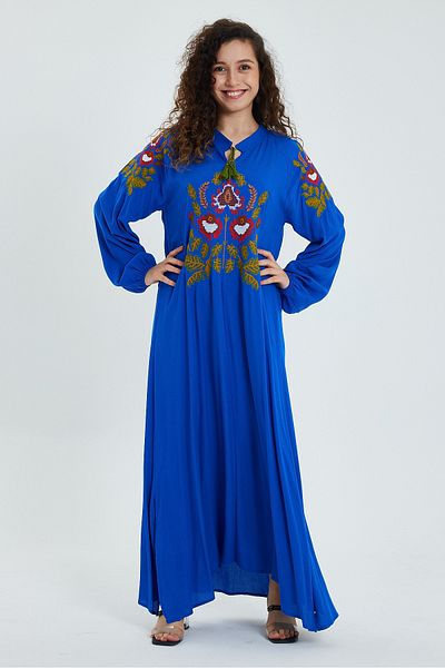 AYASOFYA OTANTIK Rochie de damă, albastră, cu broderie cu punct de cruce, cu mâneci lungi, etnică, autentică