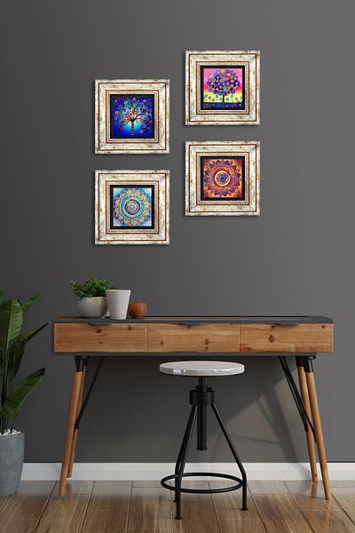 Pinecone Mandala, Tree of Life Stone Wall Painting Framed Wall Decor 4 Piece Painting Set Wall Art Tk4-846