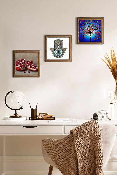 Pinecone Δέντρο της Ζωής, Ρόδι, Χεράκι της Φατμάς (Χάμσα) Πέτρινη Ζωγραφική Τοίχων με Ξύλινο Πλαίσιο Διακόσμηση Τοίχου Ζωγραφική W3-726