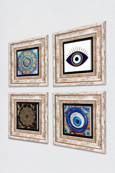 Pinecone Evil Eye, Mandala, Sri Yantra Stone Wall Painting Framed Wall Decor 4 Piece Painting Set Tk4-1632