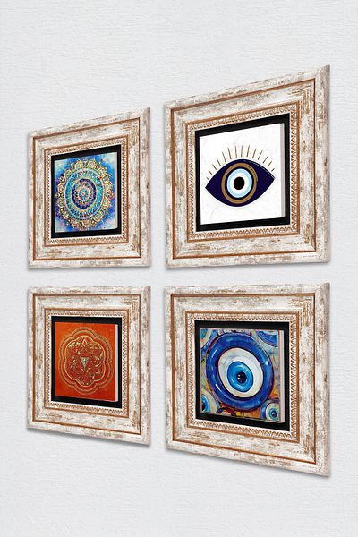 Pinecone Evil Eye, Mandala, Sri Yantra Stone Wall Painting Framed Wall Decor 4 Piece Table Set TK4-1619