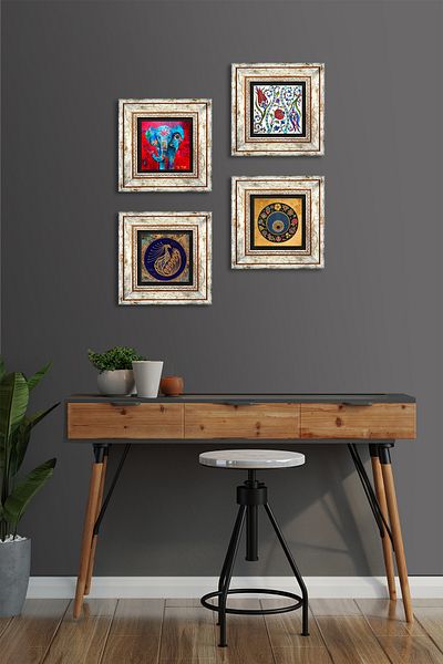 Pinecone Elephant, Peacock, Tulip, Evil Eye Stone Wall Painting Framed Wall Decor 4 Piece Painting Set Tk4-329