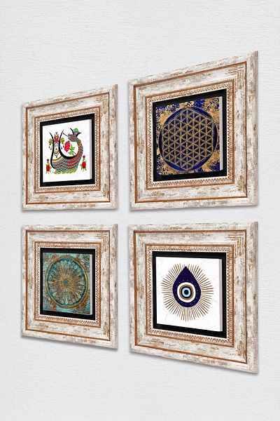 Pinecone Evil Eye, Flower of Life, Shahmeran Stone Wall Painting Framed Wall Decor 4 Piece Painting Set Tk4-1413