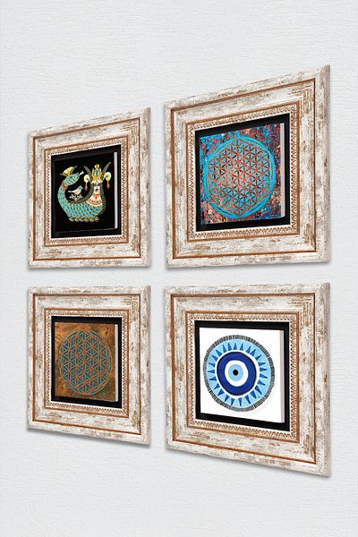 Pinecone Evil Eye, Flower of Life, Shahmeran Stone Wall Painting Framed Wall Decor 4 Piece Painting Set Tk4-494