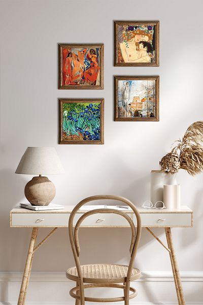 Pinecone Dali, Picasso, Van Gogh, Gustav Klimt Stone Wall Painting with Wooden Frame Wall Decor W4-947