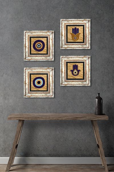 Pinecone Fatma Mother Hand (Hamsa), Nazar Stone Wall Painting Framed Wall Decor 4 Piece Painting Set Tk4-1068