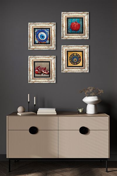 Pinecone Evil Eye, Pomegranate Stone Wall Painting Framed Wall Decor 4 Piece Painting Set Wall Art Tk4-1203