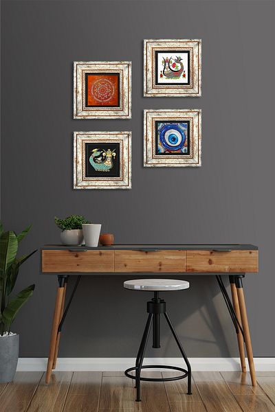 Pinecone Evil Eye, Mandala, Shahmeran Stone Wall Painting Framed Wall Decor 4 Piece Painting Set Tk4-1518