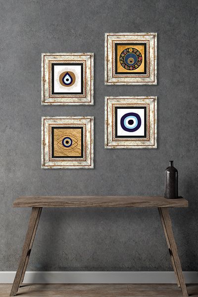 Pinecone Evil Eye Stone Wall Painting Framed Wall Decor 4 Piece Painting Set Wall Art Tk4-1855