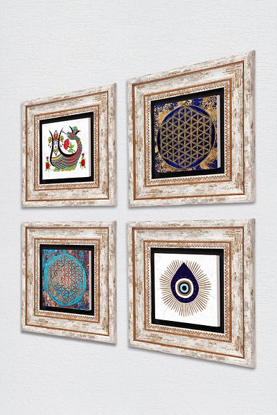Pinecone Evil Eye, Flower of Life, Shahmeran Stone Wall Painting Framed Wall Decor 4 Piece Table Set TK4-1414