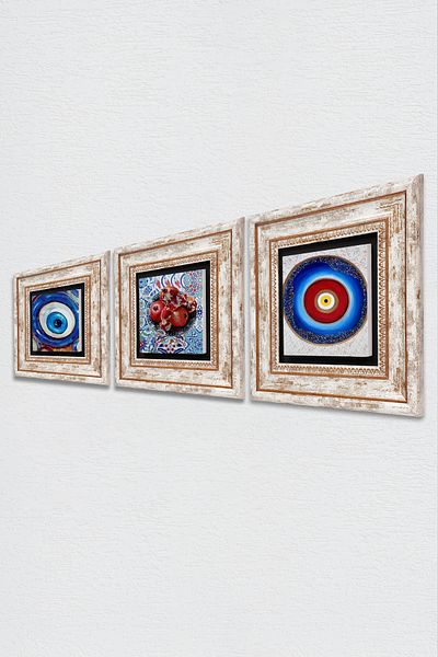 Pinecone Evil Eye, Pomegranate Stone Wall Painting Framed Wall Decor 3 Piece Painting Set Wall Art Tk3-1960