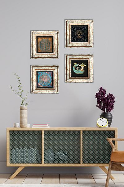 Pinecone Flower of Life, Tree of Life, Shahmeran Stone Wall Painting Framed Wall Decor 4-Piece Table Set Wall Art