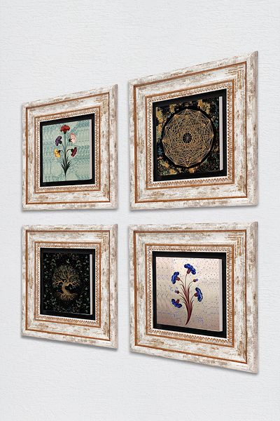 Pinecone Marbling Art, Sri Yantra, Tree of Life Stone Wall Painting Πλαίσιο Διακόσμηση τοίχου 4 τεμαχίων Σετ τοίχου