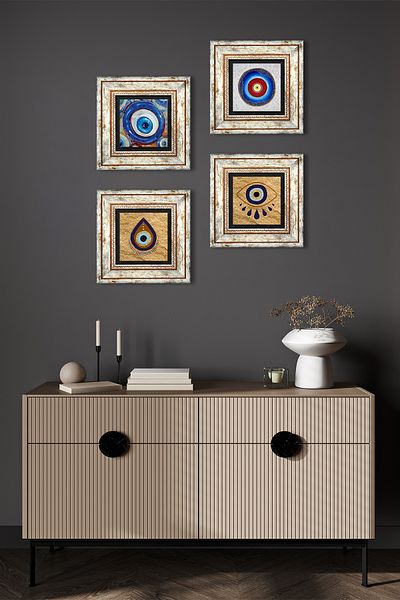 Pinecone Pictură pe perete cu piatră cu ochi rău Decor de perete înrămat Set de pictură din 4 piese Artă de perete TK4-1237