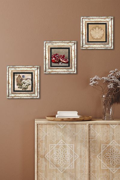 Pinecone Floarea Lotusului, Floarea Fluturei, Pictură de perete din piatră de rodie Decor de perete înrămat Set de picturi din 3 piese TK3-1092