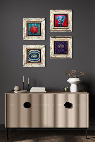Pinecone Tree of Life, Elephant, Evil Eye, Pomegranate Stone Wall Painting Framed Wall Decor 4 Piece Painting Set Tk4-1282