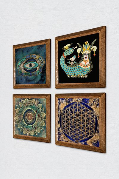Pinecone Mandala, Evil Eye, Flower of Life, Shahmeran Stone Wall Painting with Wooden Frame Wall Decor Painting W4-781