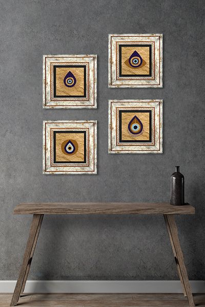 Pinecone Pictură pe perete cu piatră cu ochi rău Decor de perete înrămat Set de pictură 4 piese Artă de perete TK4-1069