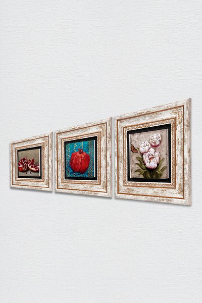 Pinecone Flower with Butterfly, Pomegranate Stone Wall Painting Framed Wall Decor 3 Piece Painting Set Wall Art Tk3-790