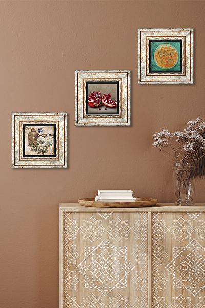 Pinecone Floarea Lotusului, Floarea Fluturei, Pictură de perete din piatră de rodie Decor de perete înrămat Set de picturi din 3 piese TK3-1095