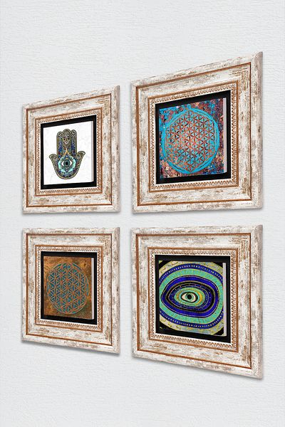 Pinecone Evil Eye, Flower of Life, Fatma Mother Hand (Hamsa) Stone Wall Painting Framed Wall Decor Set of 4 Tk4-429